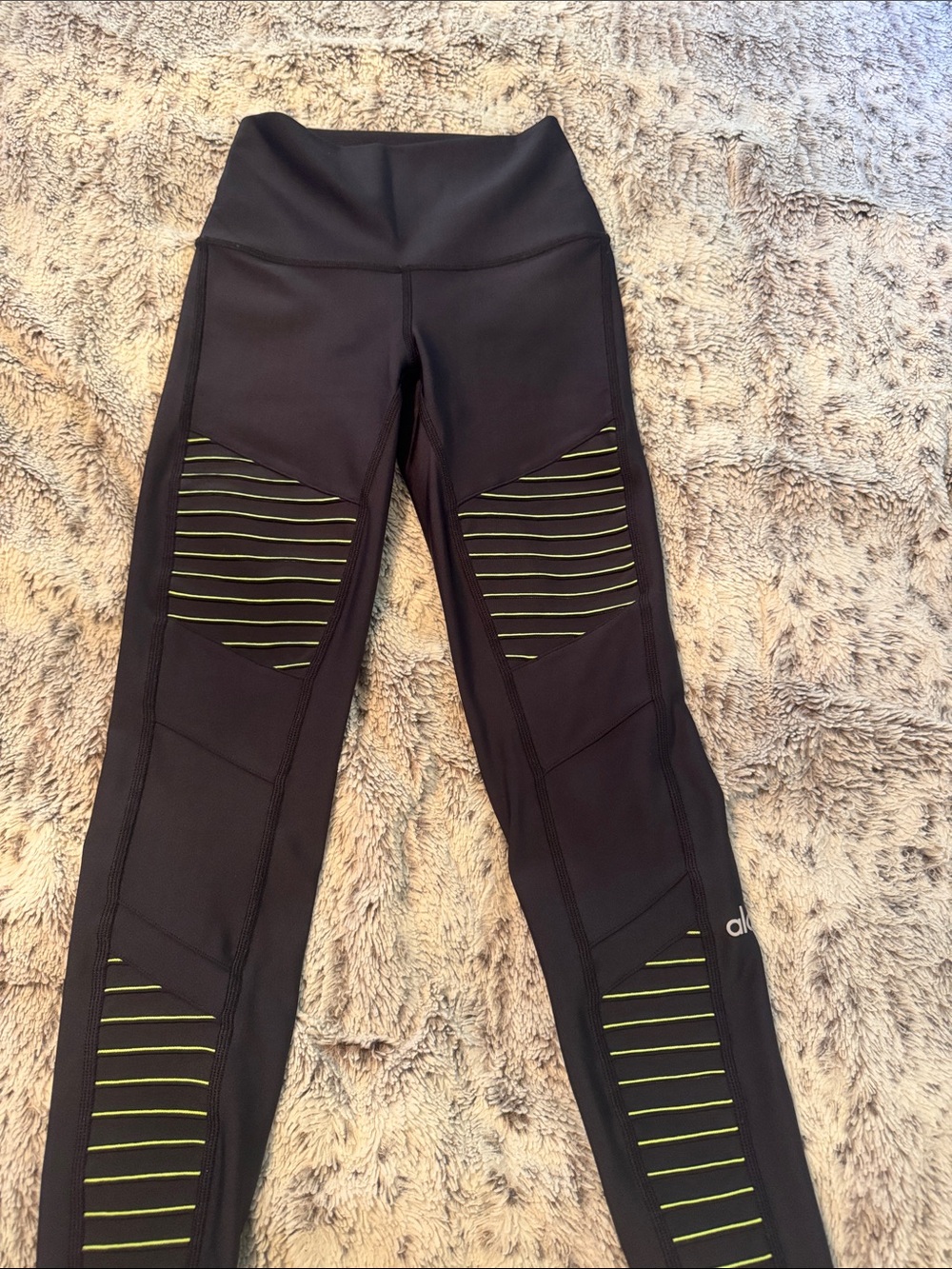 Alo High-Waist Black Active Leggings with Neon Green Stripe Detail